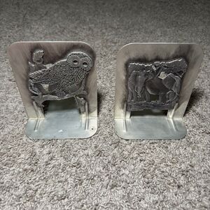 Vintage Metzke Pewter Owl Elephant Bookends 1980s Ornate Aluminum Metal MCM Pair